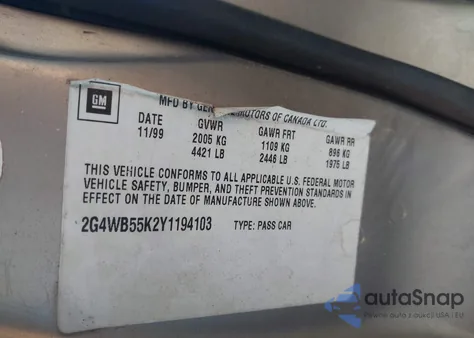 2000 Buick Regal Ls из США, поврежденный, VIN 2G4WB55K2Y1194103